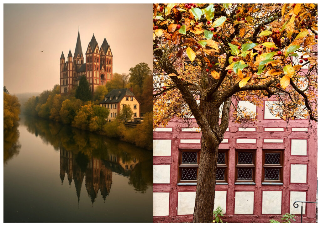 Sebastian Grütz, …Dom spiegelt sich in der Nahe und Herbstansicht Limburg…(KI generiert)